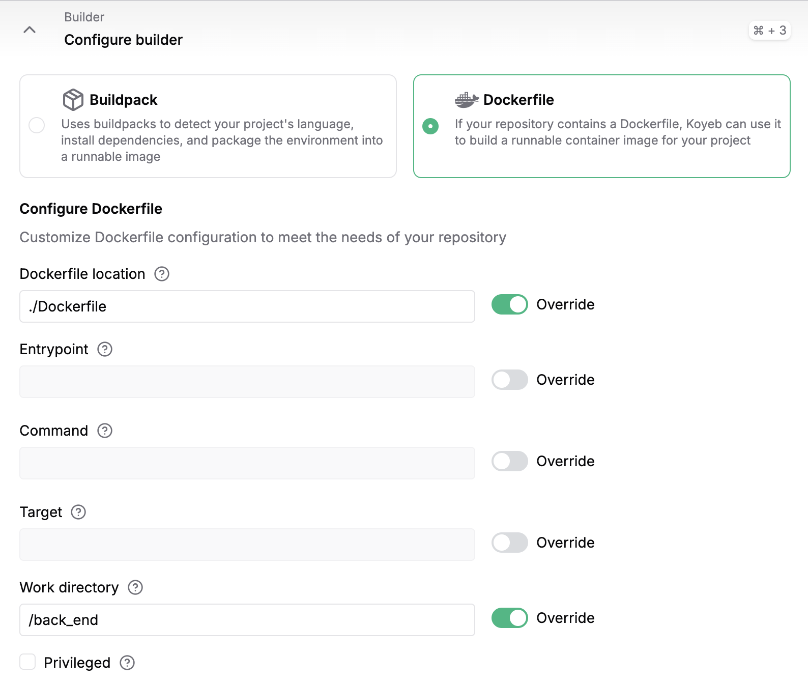 Configure builder backend