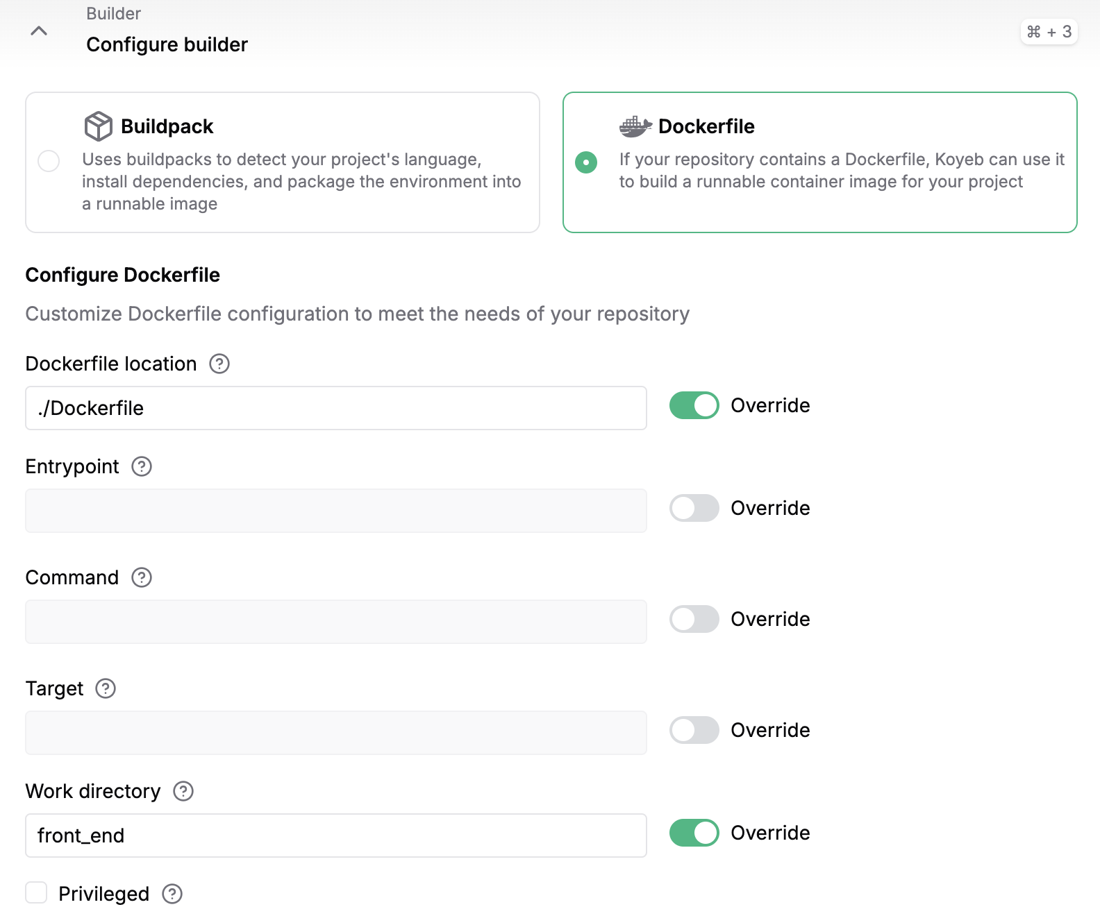 Configure builder frontend